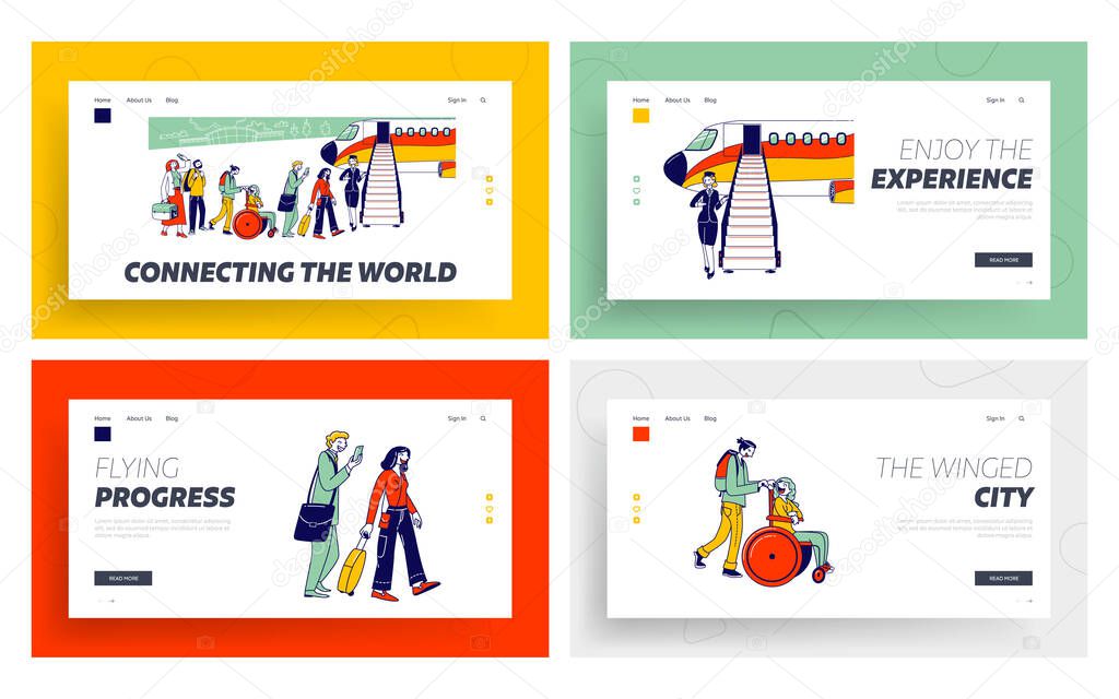 People Stand in Queue on Plane in Airport Landing Page Template Set. Characters Boarding on Airplane. Travelers Go to Aircraft Passengers and Stewardess Stand at Jet Ladder. Linear Vector Illustration