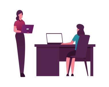 Not Defteri Oturma Masası Kuantum Teknolojisi Bilgisayarları Üzerine Çalışan Kadın Karakteri. Kuantum mekanik hesaplama. Dizüstü bilgisayarlı İş Kadınları Bürosu çalışanları. Çizgi film İnsanları Vektör İllüstrasyonu