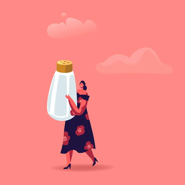 Femme mignonne tenant énorme salière isolé sur fond rose. Concept de cuisson et d'épices. Caractère féminin avec assaisonnement ingrédient pour plat ou boisson Tequila. Illustration vectorielle de bande dessinée — Image vectorielle