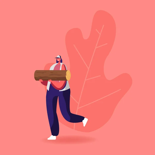 Mujer joven lleva madera para cortar y preparar aguardiente. Personaje femenino con tronco, niña sosteniendo madera Pasa tiempo al aire libre en la naturaleza. Camping, estilo de vida activo. Dibujos animados Gente Vector Ilustración — Vector de stock