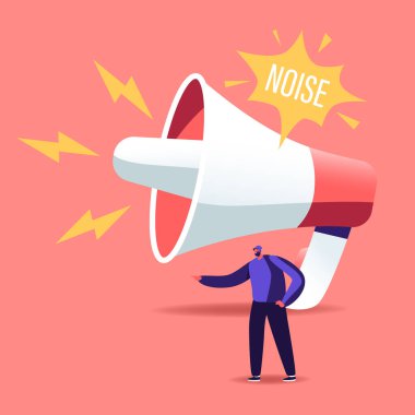 Dev Megafon Gürültü Kirliliğinden Acı Çeken Küçük Erkek Karakteri standı. Büyük Şehir Gürültülü Sesler ve Tinnitus Duyuyor. Hoparlör güçlü bir kargaşa çıkarıyor. Çizgi film İnsanları Vektör İllüstrasyonu