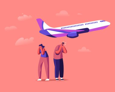 Erkek ve Kadın Karakterler Gürültü Kirliliğinden Acı Çekiyor. Şehir stresi, Kalkış uçağının çıkardığı gürültülü sesleri ve Tinnitus 'u durdurmak için kulakları kaplayan sakinler. Çizgi film İnsanları Vektör İllüstrasyonu