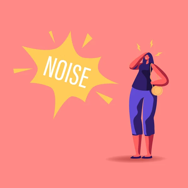 Perempuan Karakter Menderita Kebisingan Polusi. Masalah Sosial Kota Besar Banyak Hubbub di Jalan. Woman Dweller Cover Ears to Stop Hearing Loud Sounds and Tinnitus (dalam bahasa Inggris). Ilustrasi Vektor Rakyat Kartun - Stok Vektor