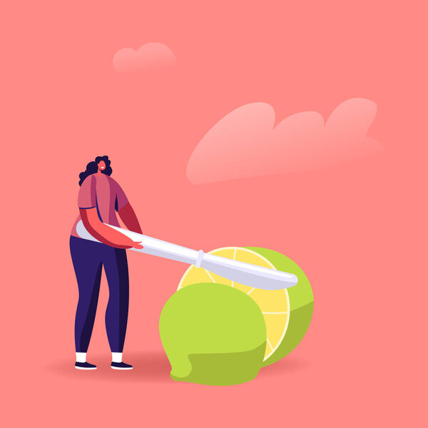 Tiny Female Character Cutting Huge Lime with Knife Ingredient for Mojito or Tequila Alcohol Drink. Woman Slicing Fresh Citrus Fruit, Vitamin Food, Raw Fooder Nutrition. Cartoon Vector Illustration