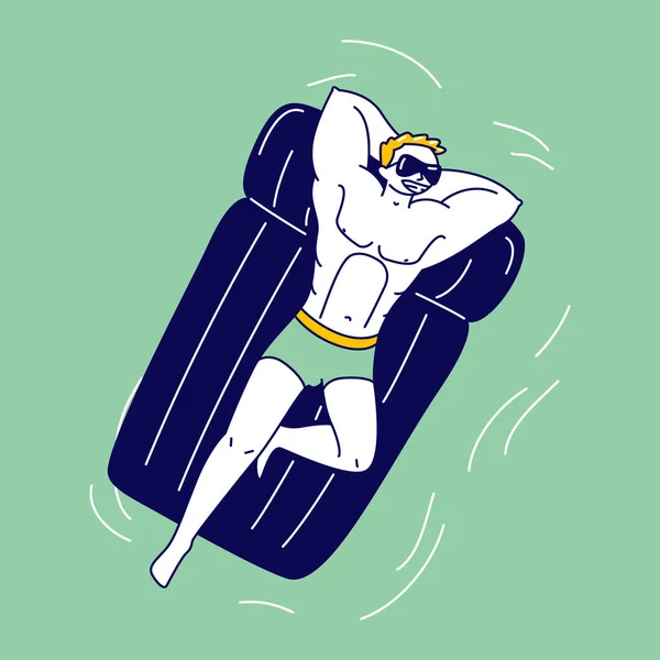 Athlete Male Character with Beautiful Bodybuilder Body Floating on Inflatable Mattress Enjoying Summer Time Vacation Resort or Hotel Relax in Swimming Pool, in Ocean or Sea (dalam bahasa Inggris). Ilustrasi Vektor Linear - Stok Vektor