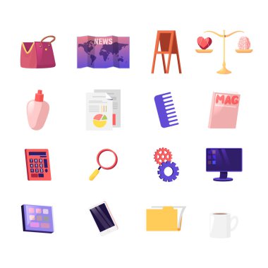 Çanta, Harita ve Easel, Kalple ve Beyinle Ölçekler, Flask, Veri Analizi Belgeleri ve Tarak, Dergi, Hesap Makinesi ve Büyüteç. Çarklar, bilgisayar ve göz farı paleti. Çizgi film Vektör İllüstrasyonu
