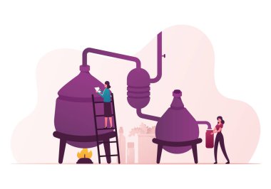 Temel Petrol Oluşturma. Karakterler Doğal Kozmetik, Kozmetik ve Doğal Kozmetik Yapımında Bitkiler ve Organik Malzemeleri Karıştırmak için Damıtma Aygıtı kullanırlar. Bitkisel kozmetik. Çizgi film İnsanları Vektör İllüstrasyonu
