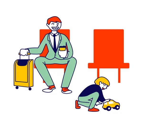 Father Character Traveling with Son on Summer Vacation. Young Business Man and Little Boy Play with Car in Airport Terminal Waiting Area, Happy Family Airplane Trip. Linear People Vector Illustration — Stock Vector