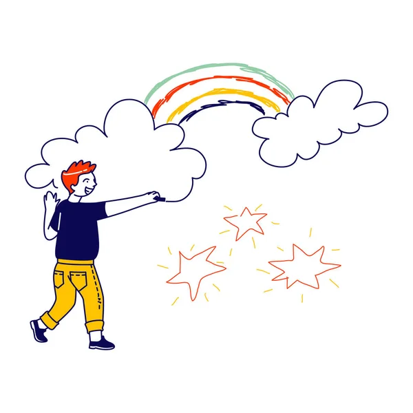 Happy Boy Drawing Stars, Rainbow and Clouds. Criança Personagem Pintura na Parede. Conceito do Dia Internacional das Crianças ou Dia da Paz. Pequena Actividade Artista, Infância, Felicidade. Ilustração Linear do Vetor — Vetor de Stock