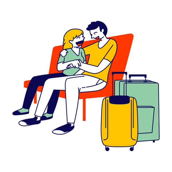 Young Couple Hugging on Bench med LubagBags står i nærheten i venteområdet, Flight DeLay, People Waiting for Airplane Boarding, Traveling Passengers Characters. Lineær vektorbelysning – stockvektor