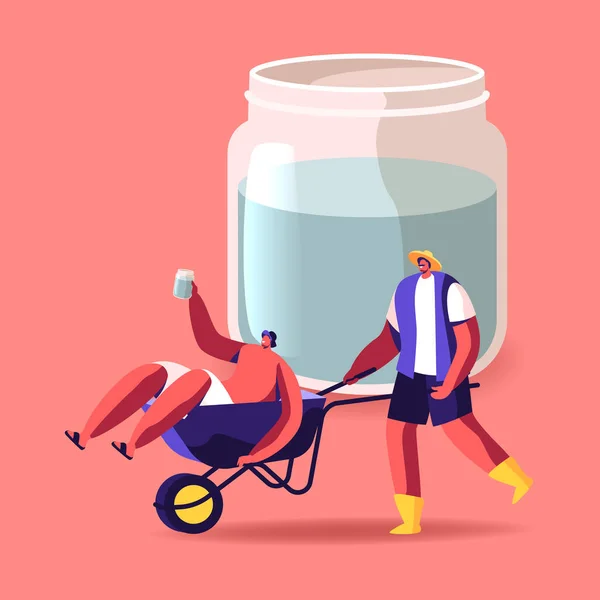 Couple of Villagers Male Characters Drinking Moonshine and Having Fun. Man Pushing Wheelbarrow with his Drunk Friend Sitting inside. Alcohol Addiction, Home Brewing. Cartoon People Vector Illustration — Stock Vector