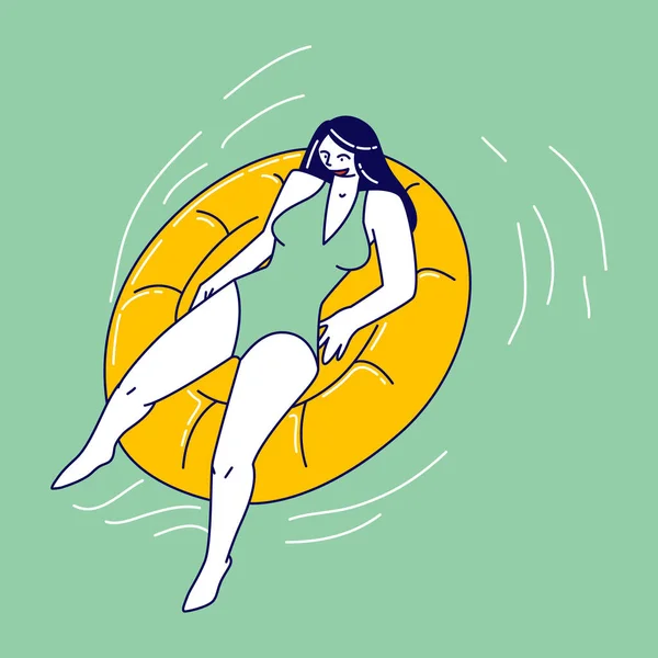 2016 년 6 월 9 일에 확인 함 . Relaxed Female Character Enjoying Summer Time Vacation Floating on Inflatable Mattress, Take Sun Bath and Tanning on Resort. 스위밍 풀, 바다, 바다에서의 호텔 휴식. 비유적 인 벡터의 예 — 스톡 벡터