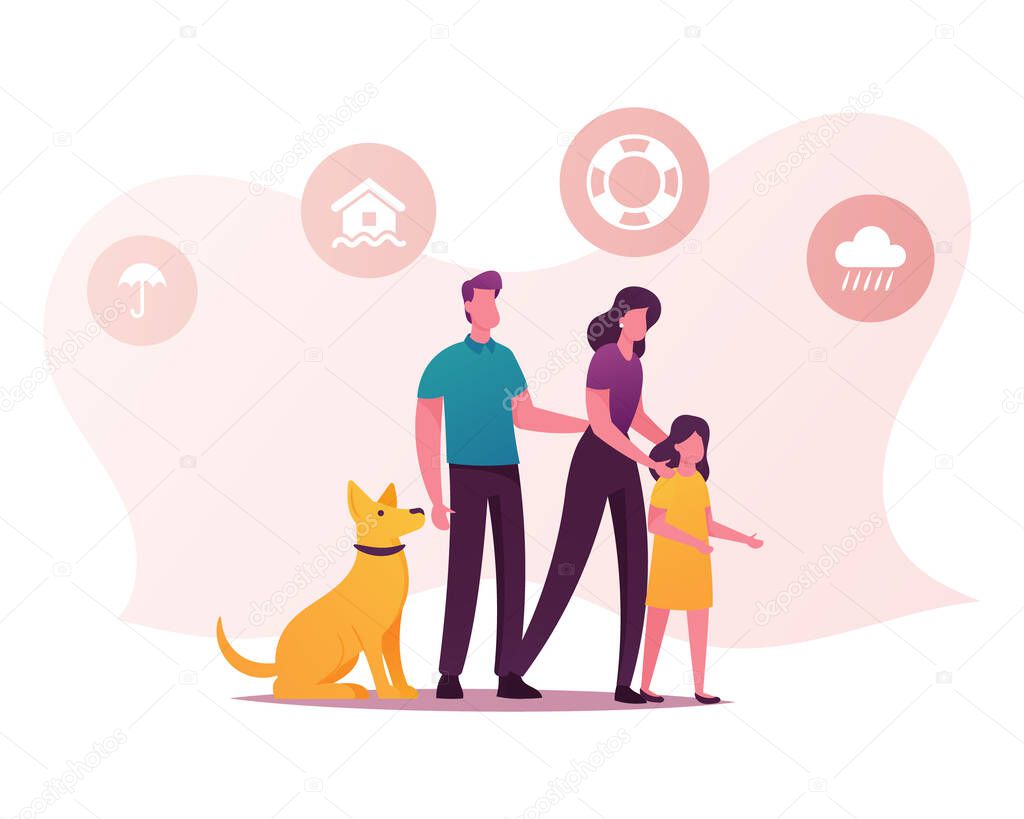 Family Characters Need Help during Flood Concept. Mother, Father, Little Girl and Dog Surrounded with Icons of Umbrella, Raining Cloud, Lifebuoy and House in Water. Cartoon People Vector Illustration