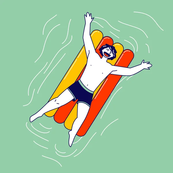 El carácter masculino feliz se relaja en el océano o el mar en días festivos que gozan de vacaciones de verano que flotan en el colchón inflable. Resort o Hotel Relajación en Piscina. Ilustración de vectores lineales — Vector de stock