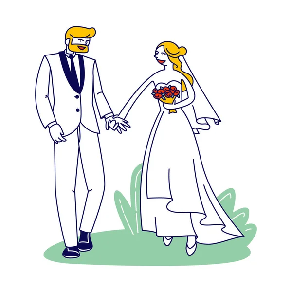 Церемонія одруження. Щасливі весільні пари персонажів ізольовані на білому тлі. Чоловік і жінка одружуються. Наречена і наречений тримають руки. Молоді люди, любовні стосунки. Лінійні Векторні ілюстрації — стоковий вектор
