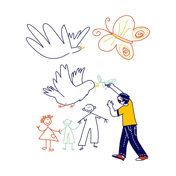 Little Boy Drawing Doves met Branch en Happy Family. Kinderfiguur schilderen op de Witte Muur, Internationale Dag van de Kinderen of Vredesdag viering. Jeugd, Geluk Concept. Lineaire vectorillustratie — Stockvector