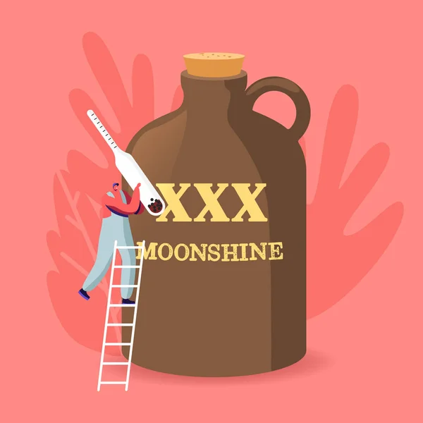 Tiny Male Character Holding Alcohol Meter Stand on Ladder at Huge Jug with XXX Moonshine Inscription. Homemade Alcohol Drink Cooking Process, Manufacturing Technology. Cartoon Vector Illustration — Stock Vector