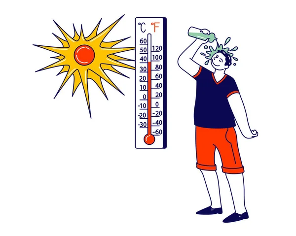 El hombre vierte agua de la botella en la cabeza evitando el golpe de calor bajo los feroces rayos solares de calefacción. Hombre Sufrimiento de Carácter de Alta Temperatura durante el Tiempo de Verano en Casa o Exterior. Ilustración de vectores lineales — Vector de stock