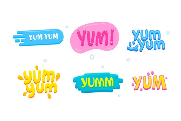 Yum Yum Icons Set. Creative Banners with Colorful Typography and Design Elements. Text Composition Isolated on White Background. Tags for Cafe, Restaurant Menu, Web, Social Media. Vector Illustration — Stock Vector