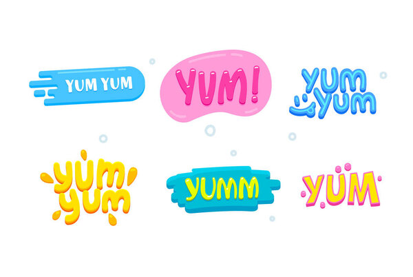 Yum Yum Icons Set. Creative Banners with Colorful Typography and Design Elements. Text Composition Isolated on White Background. Tags for Cafe, Restaurant Menu, Web, Social Media. Vector Illustration