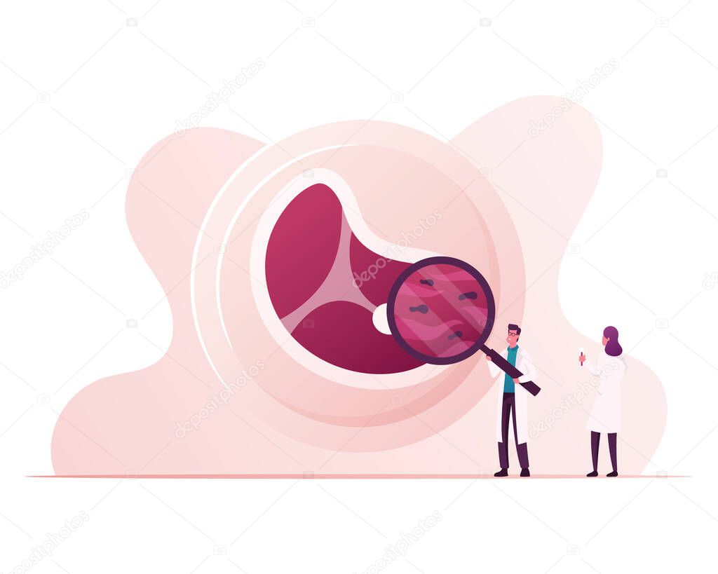 Tiny Characters Inspecting Artificial Meat in Lab Looking through Magnifier, Scientific Innovation. Scientists Growing Cultured Meat in Laboratory of Stem Cells. Cartoon People Vector Illustration
