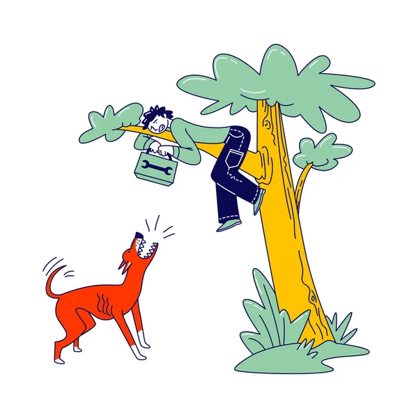 犬の攻撃を避けるために木の上に座っ手でツールボックスと怖いハンディマン.怒っている動物の吠え声と男のキャラクターを噛もうとして下にジャンプ.ペット保護地域。線形ベクトルイラスト — ストックベクタ