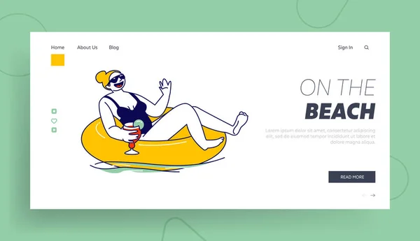 Resort ou Hotel Relaxe na Piscina, Ocean or Sea Landing Page Template. Personagem de mulher jovem flutuando no colchão inflável do anel desfrutando de férias bebendo coquetel. Ilustração Linear do Vetor — Vetor de Stock