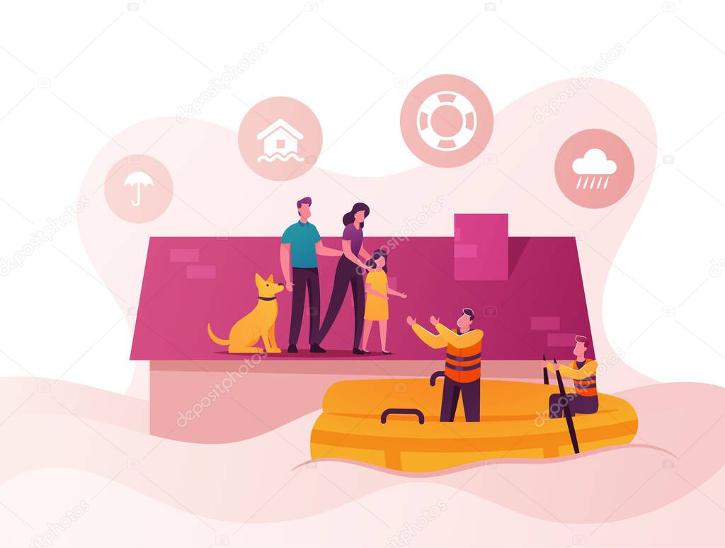 Family Characters Need Help at Flood. Man, Woman, Little Girl and Dog Stand House Roof, Rescues on Boat Evacuate People. Storm Consequences, Global Inundation Evacuation. Cartoon Vector Illustration