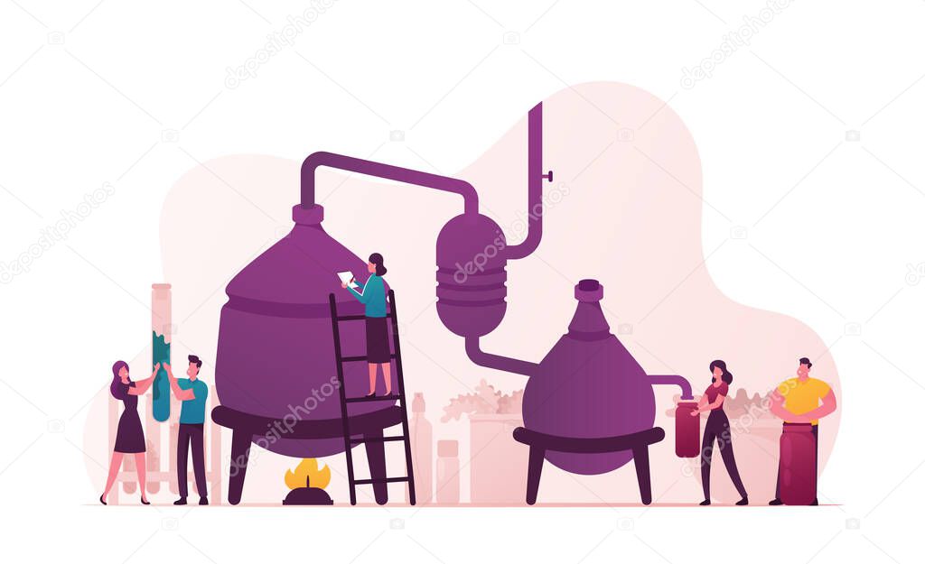 Tiny Characters Create new Recipe Distilling Liquid in Apparatus for Essential Oil Extraction in Lab. Cosmetic Perfumery Production, Floral Toilet Water Fragrance. Cartoon People Vector Illustration
