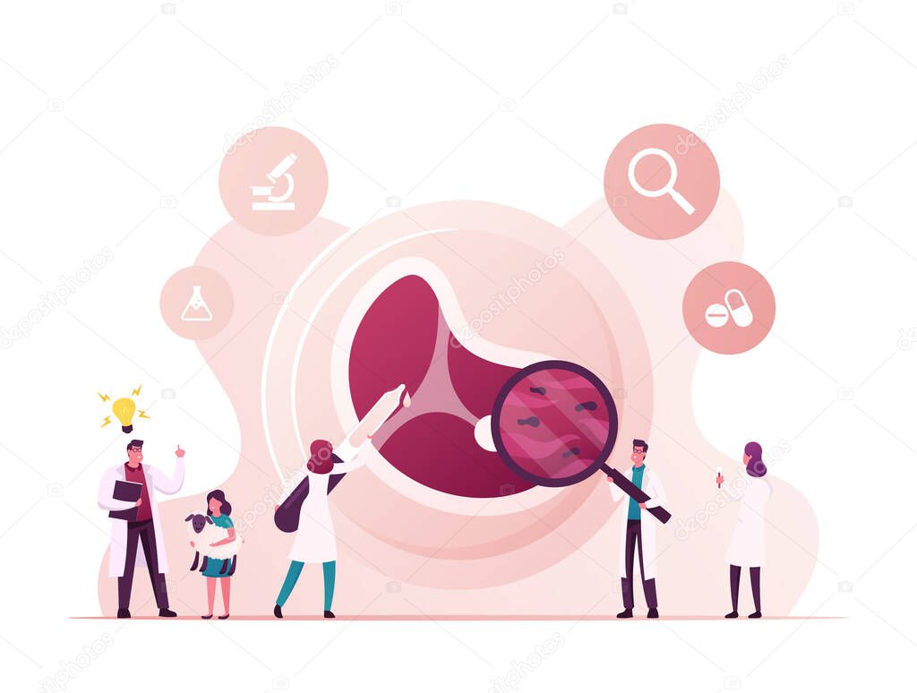 Scientists Growing Cultured Meat in Laboratory of Stem Cells. Tiny Characters Inspecting Artificial Meat in Lap Looking through Magnifier, Scientific Innovation. Cartoon People Vector Illustration
