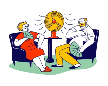 Zaman kavramının sıcak yaz dönemi. Isı Yaşı İnsanlar Karakterlerinde Sıcaklık Biraz Havalı Olmak İçin Fan ve Ventilatör Kullan. Sıcak çarpması, Isınma Havası. Doğrusal Vektör İllüstrasyonu