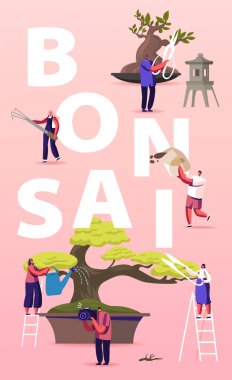 Bonsai Büyüme Konsepti. Bonsai ağaçlarını budamak, budamak ve budamak gibi hobileri seven karakterler. Bitki yetiştirme, Geleneksel Asya Sanatı, Kültür Posteri Afişi. Çizgi film Vektör İllüstrasyonu