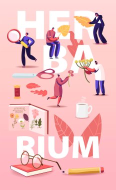 Bitki hobisi konsepti. Kurutulmuş otları, otları ve dalları toplayan Tiny People Karakterleri, Doğal Saha Bitkileri, Çiçek Dekoratif Doğal Elementler Poster Uçucu Çizgi Filmi Vektör İllüstrasyonu
