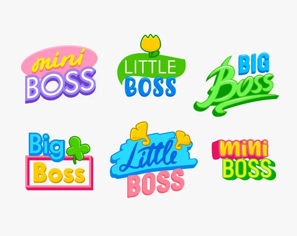 Mini Boss Banners o conjunto de etiquetas. Diseño de niños con tipografía colorida para la invitación de la fiesta de la ducha del bebé o la tarjeta de felicitación aislada en el fondo blanco. Dibujos animados Vector Ilustración, Icono, Clip Art — Vector de stock