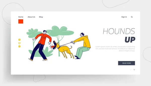 Zvířecí štěkot se snaží kousnout člověka na ulici Landing Page Template. Vyděšený kolemjdoucí Muž Dash Aside of Dog Attack. Majitel drží agresivní zvířátko na vodítku. Vektorový obrázek lineárních osob — Stockový vektor