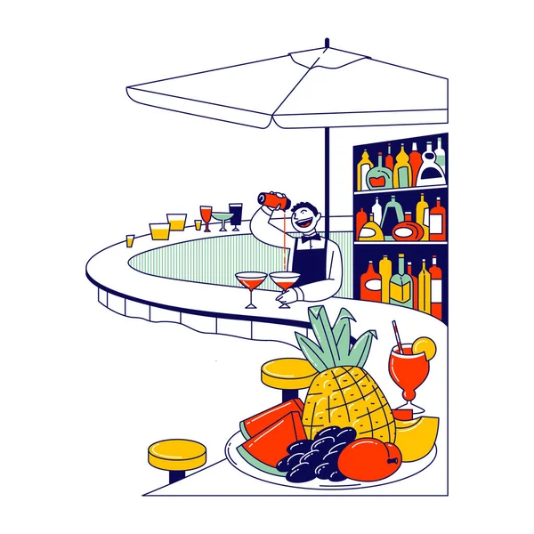 バリスタ男性キャラクターワイングラスにアルコール飲料を注ぐスイミングプール屋外エリアでカクテルを作る。ホテル内のバー,リゾート,ナイトクラブレクリエーション,パーティーお祝い.線形ベクトルイラスト — ストックベクタ