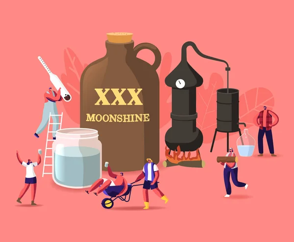 Tiny Male Female Characters Make Moonshine in Home Conditions Χρησιμοποιώντας Αξεσουάρ για Σπιτική Παραγωγή Αλκοόλ. Μεθυσμένοι, γυναίκα με μετρητή αλκοόλ, άντρας σε καροτσάκι. Εικονογράφηση διάνυσμα κινουμένων σχεδίων — Διανυσματικό Αρχείο