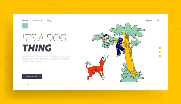 Dog Attack Landing Page Vorlage. Der verängstigte Heimwerker mit der Werkzeugkiste in der Hand sitzt auf einem Baum. Wütendes Tiergebell und Springen beim Versuch, männlichen Charakter zu beißen. Pet Protect Territory. Lineare Vektorillustration — Stockvektor