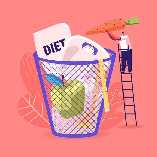 Αποτυχία διατροφής. Μικροσκοπικός αρσενικός χαρακτήρας ρίχνει καρότο, βάρη και η Apple σε τεράστιο καλάθι. Fast Food International Day, Διακοπές των ανθυγιεινών τροφίμων, οι άνθρωποι υγιή ζωή Διαταραχή. Εικονογράφηση διάνυσμα κινουμένων σχεδίων — Διανυσματικό Αρχείο