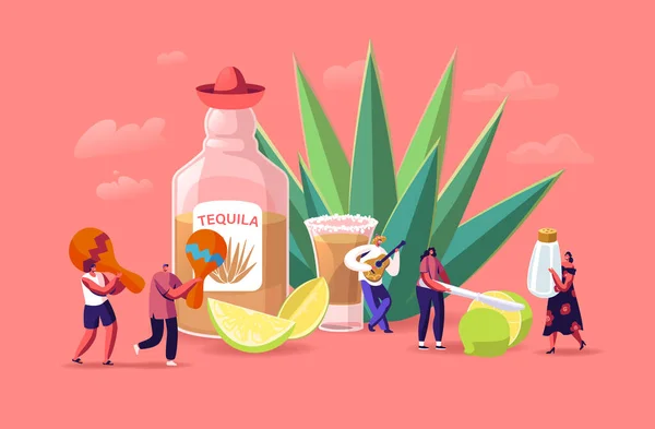Mensen drinken Tequila Concept. Kleine mannelijke en vrouwelijke personages met Maracas, zout en limoen bij Enorme Bottle en Agave Azul Plant. Mexicaanse Cultuur Toerisme, Latijns oriëntatiepunt. Cartoon Vector Illustratie — Stockvector