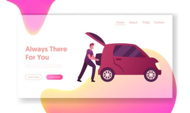 Seyahat, Trip Landing Page Şablonu. Erkek karakter bagaja bavul koyuyor. Şehirdeki Ulaşım için Adam Araba Paylaşım Servisini Kullanıyor. Taksi Otomobil Kiralama ve Paylaşım. Çizgi film Vektör İllüstrasyonu