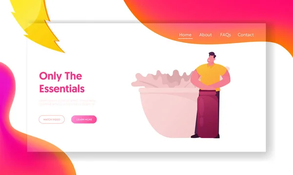 Kruiden en specerijen voor Herbal Aroma Therapy Landing Page Template. Man Character Hold Enorme Flask Stand at Bowl met een aantal kruiden voor parfum of essentiële olie creatie. Cartoon Vector Illustratie — Stockvector