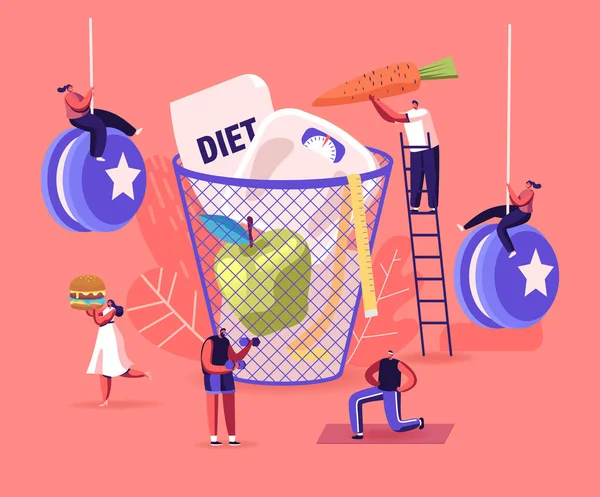 Dieta Failure Concept. Personaggi maschili e femminili che godono di cibo spazzatura malsano. Le persone rifiutano i pasti stile di vita sano Preferiscono mangiare cibo grasso e gettare pasto sano al carrello. Illustrazione vettoriale lineare — Vettoriale Stock