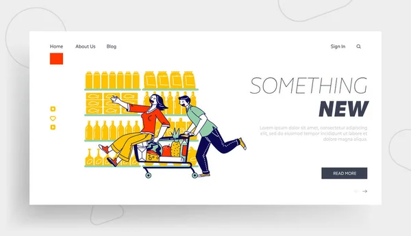 Shoppers Sparetime Landing Page Template (en inglés). Felices Personajes de Pareja Tonto en Carro de Montar de Supermercado. Hombre empujando el carro de la compra con su novia sentada dentro. Personas lineales Vector Ilustración — Archivo Imágenes Vectoriales