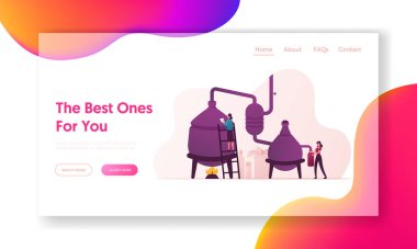 Temel Yağ Oluşturma İniş Sayfa Şablonu. Karakterler bitkileri ve organik malzemeleri karıştırmak için damıtma aparatı kullanır. Kozmetik, bitkisel kozmetik. Çizgi film İnsanları Vektör İllüstrasyonu