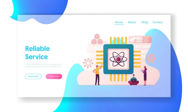 Quantum Computing Landing Page Sablon. Kvantummechanikai jelenségek szuperpozíciója a számítások elvégzéséhez. Karakterek jegyzetfüzetekkel, akik a Hatalmas Mikrochipnél dolgoznak. Rajzfilm emberek vektor illusztráció — Stock Vector