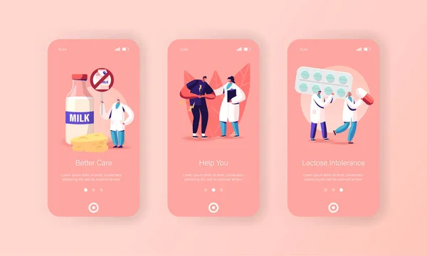 Lactose Intelligence Mobile App Page Onboard Screen Template.キャラクターと医師。胃の具合が悪い男が病院に行く。乳製品｜健康インテリジェントなコンセプト.漫画人ベクトルイラスト — ストックベクタ