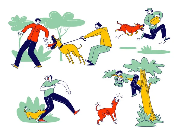 Концепція атаки собак. Агресивні тварини кусають і гавкають на чоловічих рисах. Delivery Man with Parcel in Hands Escaping of Angry Dog, Handyman Sitting on Tree (англійською). Лінійні люди Векторні ілюстрації — стоковий вектор