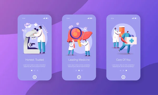 Hepatitis, Cirrhosis Mobile App Page Onboard Screen Template. Tiny Doctors Characters Care of Patient Diseased Liver, Health Care Cancer Awareness Treatment Concept. Cartoon People Vector Illustration — Stock Vector