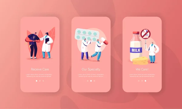 Lactose e Intolerância ao Leite Mobile App Page Modelo de tela a bordo. Homem se sente mal em Stomach visitar o hospital. Personagem e Médicos, Produtos Lácteos Allergy Concept. Desenhos animados Pessoas Vector Ilustração — Vetor de Stock